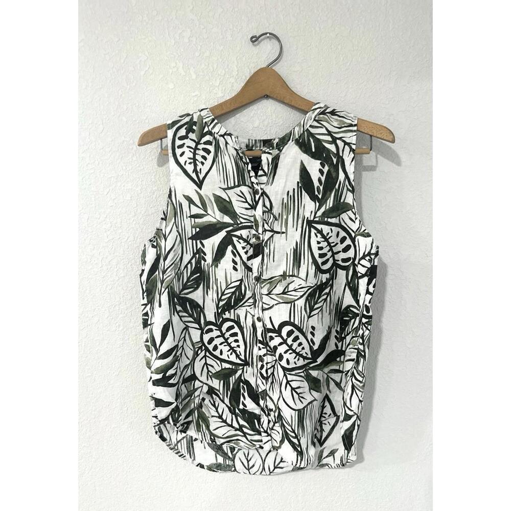 Tahari White and Green Floral Sleeveless Button Up Shirt Women's Size M
